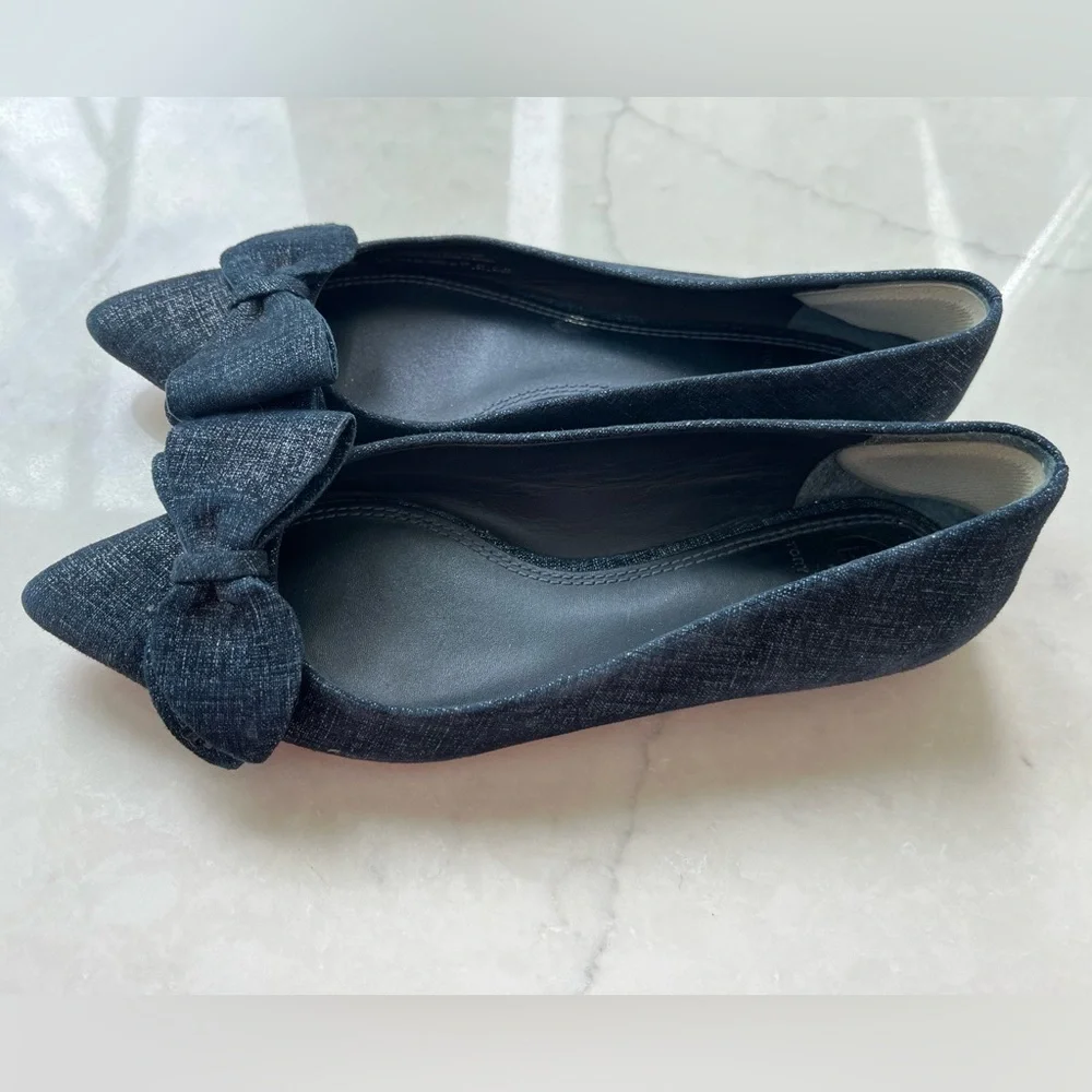 Tory Burch Navy Rosalind Pointed Toe Bow Flats sz 6.5
